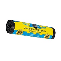 Мешки для мусора 120 л, с ушками, черные, в рулоне 10 шт., ПНД, 13 мкм, 1050х680 мм, Крепакоф, 4607075710436 в Магнитогорске