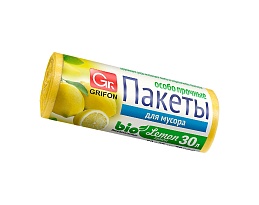 Мешки для мусора 30 л, ароматизированные, Лимон, желтые, в рулоне 20 шт., ПНД, 9 мкм, 560х530 мм, GRIFON Aroma, 101-020 Li в Магнитогорске